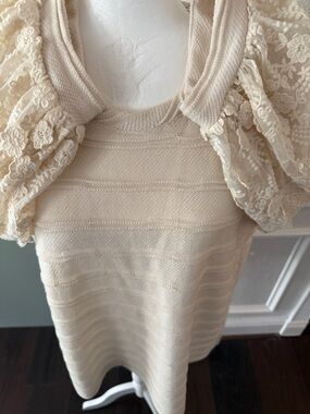 Anthropologie Cream Lace Puff-Sleeve Knit Top